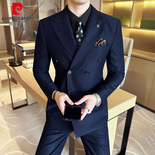 Pierre cardin double-breasted brown high-end handsome suit men's suit korean version slim wedding groom small suit jacket navy blue (suit + pants) 2xl
