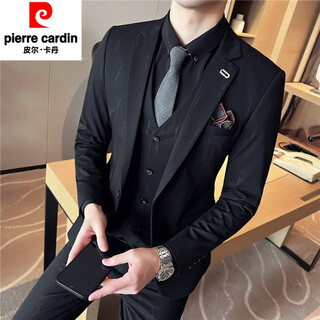 Pierre cardin suit men's three-piece suit handsome slim suit men's business professional formal groomsmen groomsmen wedding dress meteor shower striped black three-piece suit 3xl