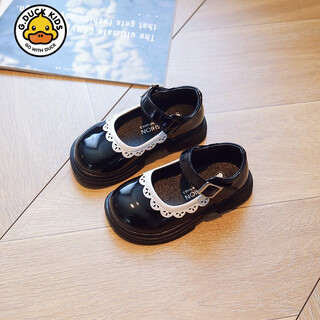 G.duck little yellow duck children's lace small leather shoes spring and autumn new girls fashion trend single shoes soft sole velcro princess shoes black size 24 inner length 15.3cm