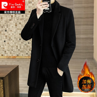 Pierre cardin high-end woolen coat men's mid-length autumn and winter thickened korean style slim casual woolen windbreaker jacket black 2xl