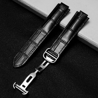 Suitable for original cartier blue balloon watch strap, genuine leather for men and women, protruding bamboo bracelet, folding buckle accessories, black strap, silver buckle, 20 concave 12mm (dial 42)