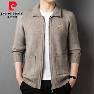 Pierre cardin high-end autumn and winter new wool sweater thickened warm embroidered sweater jacket wool sweater knitted cardigan men's sweater camel 170