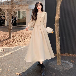 High school student adult dress women's winter 18-year-old graduation evening dress french gentle round neck knitted dress apricot l recommended 105-115 jin jin equals 0.5 kg