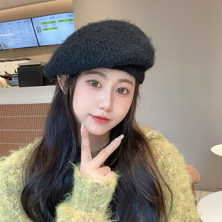 啕二啕 white beret women's plush hat winter women's fashion new warm mohair knitted woolen hat painter hat black
