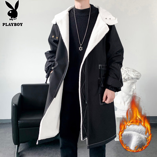 Playboy (playboy) windbreaker men's mid-length autumn and winter new velvet thickened warm trendy coat jacket men's hooded loose men z-401hhf262 black velvet l