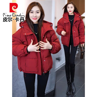 Pierre cardin hooded short down jacket for women 2026 winter new fashion loose and foreign style thickened white duck down warm jacket red l (110-120jin jin equals 0.5kg)