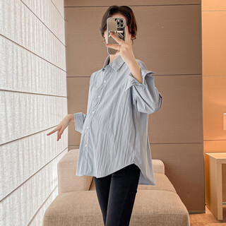 Maternity shirt spring and autumn 2025 korean fashion mid-length solid color age-reducing loose maternity shirt top spring and autumn light blue xl recommended 120-140jin jin equals 0.5 kg