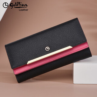 Goldlion wallet women's long genuine leather women's tri-fold wallet cowhide bag fashion clutch mobile phone bag large capacity clutch black with plum red officially authorized - one fake will be fined ten