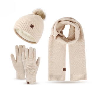 Yufan winter warm hat women's plush knitted hat gloves scarf three-piece set windproof plush wool hat set camel three-piece set