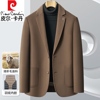 皮尔卡丹高端轻奢西服男冬季羽绒内胆时尚保暖小西装2025新款羊毛呢子外套 驼色 175/L