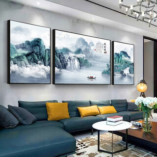 2025 new living room decorative painting sofa background wall hanging painting new chinese style light luxury landscape mural atmospheric calligraphy and painting flowing water to make money 01 middle 40*30 + left and right 20*30 cloth film black edge