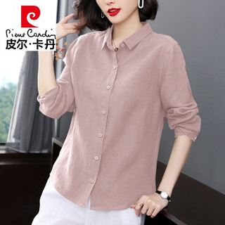 Pierre cardin large cotton linen long sleeve shirt women's spring and autumn thin outer cardigan casual shirt fashionable age-reducing linen top pink xl recommended 120-135 jin jin equals 0.5 kg