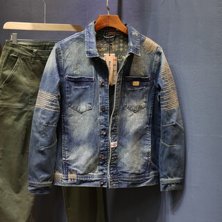 Qianji original heavy industry denim jacket men's retro handsome trendy brand open-stitch lapel top jacket distressed motorcycle jacket blue m (95-110)