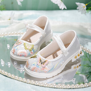 Jingga hanfu shoes for girls spring and summer style antique one-button handmade baby old beijing cloth shoes with ancient costume embroidered shoes xundie-white 28 size /17.2