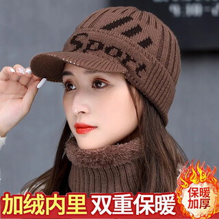 兰蔓娅帽子女士2024新款冬天保暖护耳妈妈女式加绒围脖毛线针织帽鸭舌帽 卡其色（帽子+围脖） 均码有弹性(55-58cm)