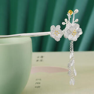 Dijing sansheng iii plum blossom hairpin for women, ancient style hairpin with tassels, hanfu hair accessories, birthday gift for girlfriend and wife, silver