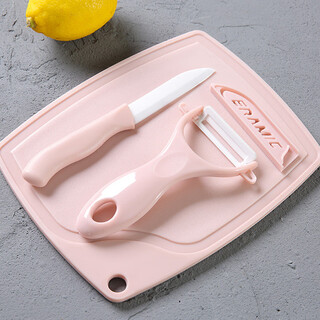 Ceramic knife three-piece set, fruit knife, portable melon and fruit knife, chopping board combination, mini knife, household paring knife, pink ceramic three-piece set (simple delivery without packaging)
