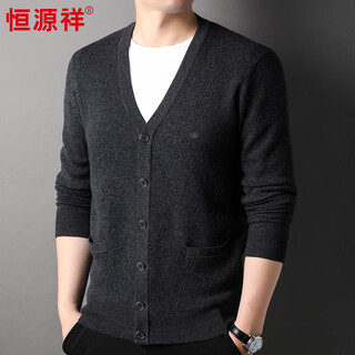 Hengyuanxiang 100% wool cardigan men's v-neck thickened winter warm sweater jacket hj210 black gray 175/92a