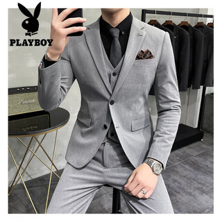 Playboy light mature style casual large size suit suit for men, korean style slim fit two-button three-piece suit for commuting business small suit trendy light gray suit + trousers 3xl 152-162jin jin equals 0.5 kg