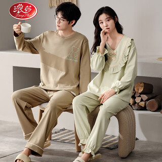 Langsha couple pajamas for one man and one woman, autumn pure cotton long-sleeved princess style home clothes, spring and autumn pure cotton can be worn outside the suit 24604 female l + male xl