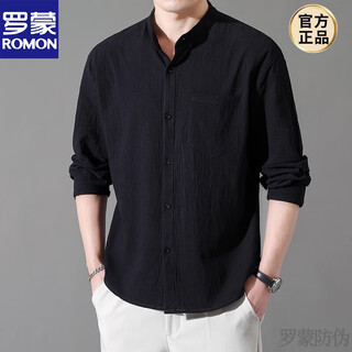 Romon stand collar long-sleeved shirt men's pure cotton 2025 autumn thin casual loose shirt men's real pocket new product black xl 120-140jin jin is equal to about 0.5 kg