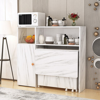 Yanxin simple modern small apartment removable folding dining table side cabinet combination cupboard microwave oven simple eating table small round corner 1.4 dining table + 115 side cabinet (white marble pattern