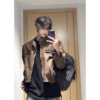 Poum american retro motorcycle leather jacket men's autumn trendy handsome jacket loose casual trendy brand jacket men qyrj-g141 brown xl