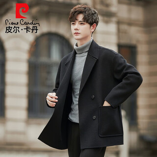 Pierre cardin wool double-sided woolen coat men's short korean style woolen windbreaker spring and autumn thickened casual woolen woolen coat black 2xl weight 160-180jin jin is equal to within 0.5 kg