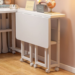 Puyos folding desk home bedroom computer desk bedside student study table movable wheeled internet celebrity office small table warm white reinforced steel frame 23% stable and not shaking pulley folding bookshelf model length 80 width 58 height