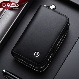 Goldlion men's key case genuine leather double layer large capacity car keychain cover key case card bag multi-function storage bag first layer cowhide official straight hair black