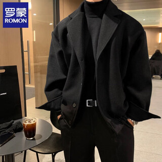 Romon short woolen coat men's korean style trendy high-end woolen coat winter hong kong style retro fashion handsome top black 2xl