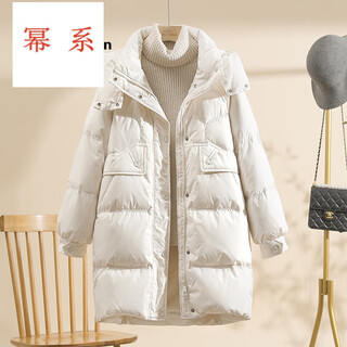 Power brand white goose down down jacket women's mid-length 2025 new korean version removable hat women's thickened warm jacket off-white (goose down) s 90-120jin jin is equal to 0.5 kg