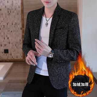 Yuejingsheng 2025 autumn and winter versatile men's casual suit tops thickened jacket korean slim small suit plus velvet single western trend 613 black (fellow style) xl (120-135jin jin is equal to 0.5 kg)