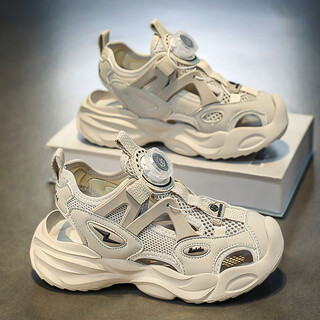 Lingli girls sandals baotou summer 2026 new children's rotating button sports beach shoes medium big children girls sandals khaki size 34