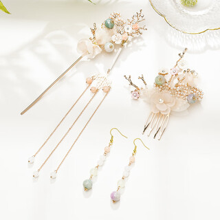 Hanfu ancient style hairpin headdress tassel step shake super fairy silk flower hairpin hair fork full set of hair accessories tiara ancient costume accessories xia zhi - (hairpin + hair comb + earrings) (ear hook style)