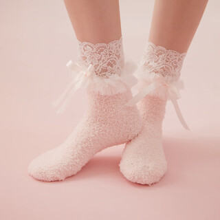 Rose tree coral socks women's autumn and winter thickened warm lace bow cute girls plush mid-tube socks light pink 1 pair one size