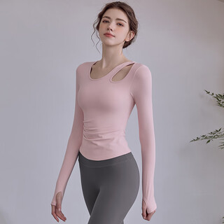 Luluuvttoh new style yoga clothing tops with chest pads for women, autumn and winter hollow slimming fitness clothing, sports pilates suit, long sleeves, cherry blossom pink long sleeves m