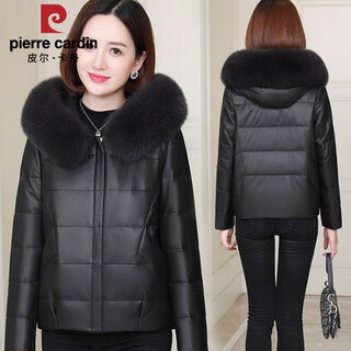 Pierre cardin off-season genuine leather down jacket women's short winter new style fox fur collar first layer sheepskin leather jacket haining leather jacket black 3xl 130-140jin jin is equal to about 0.5 kg