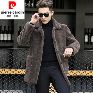 Pierre cardin trendy brand sherpa jacket for men autumn and winter 2025 new sheep sheared men's wool coat mid-length men's brown 2xl 160-170jin jin is equal to 0.5 kg