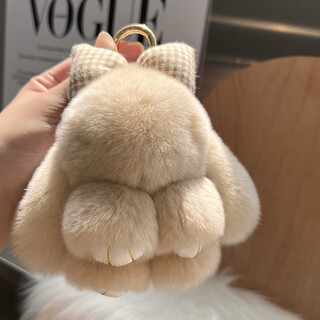 Tucker is suitable for cute real rex rabbit fur bow little rabbit car keychain pendant ins plush doll school bag milk tea color