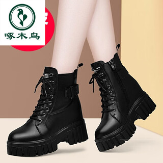 Woodpecker cowhide inner height increase 8cm martin boots women's shoes thick soles 2025 autumn and winter new style velvet short boots slim leather shoes (inner height increase) single lining black 1016 (main picture) 37