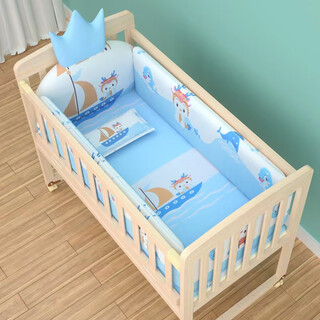 Laughing beile solid wood crib baby cradle bed no paint variable desk can be turned sideways to merge with the adult bed small bed + mosquito net + zodiac dragon baby five-piece set