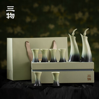 Three objects hold this green wine set, chinese style wine dispenser, one or two cups of white wine cup, high-end antique style father's day gift, hold this green wine dispenser_two pots and six cups