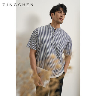 Zingchen summer atmosphere wear zingchen men's henry collar silhouette button-down shirt stand collar casual shirt navy stripe m