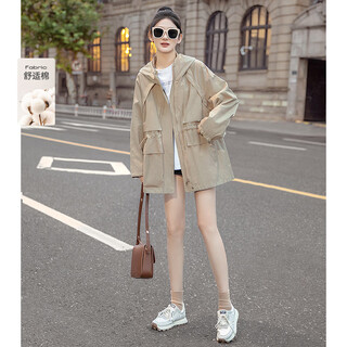 Sibaishe loose windbreaker 2025 autumn new women's hooded drawstring simple workwear style jacket