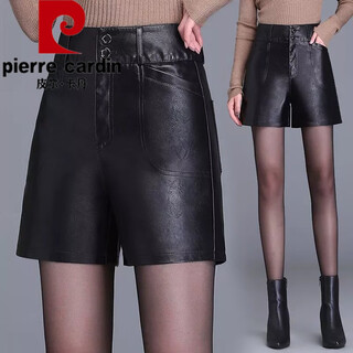 Pierre cardin leather shorts women's autumn and winter 2024 new fashion high waisted versatile shorts for outerwear pu leather pants bottoming slim boot pants black 0986 xl 115-125jin jin equals 0.5 kg