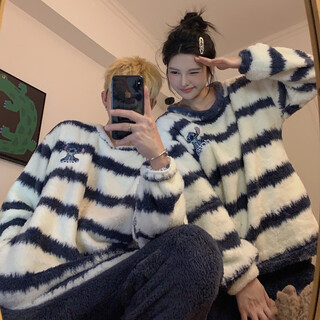 Mengdong korean stitch cartoon couple pajamas for men and women autumn and winter plus velvet thickened striped plush home clothes two-piece set tm#8920 striped stitch 2xl men's style (145-170 jin jin is equal to 0.5 kg)