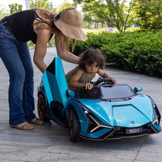 No more fun, no more lamborghini children's electric car four-wheel remote control baby toy car that can sit in adults' new year's gift, parent-child three-seater, painted blue, four-wheel drive, electric drive