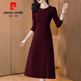 Pierre cardin fashionable temperament solid color waist slimming round neck dress 2025 new age-reducing long-sleeved skirt autumn women's knitted wine red l (recommended 100-110jin jin equals 0.5 kg)
