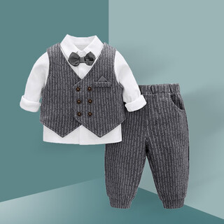 丹鸟王宝宝周岁礼服春秋绅士套装帅气男童抓周生日西装英伦风花童衣服 灰色领巾三件套 90码